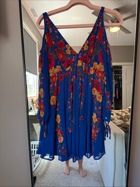 Free People Royal Blue Cold-Shoulder Floral Tunic